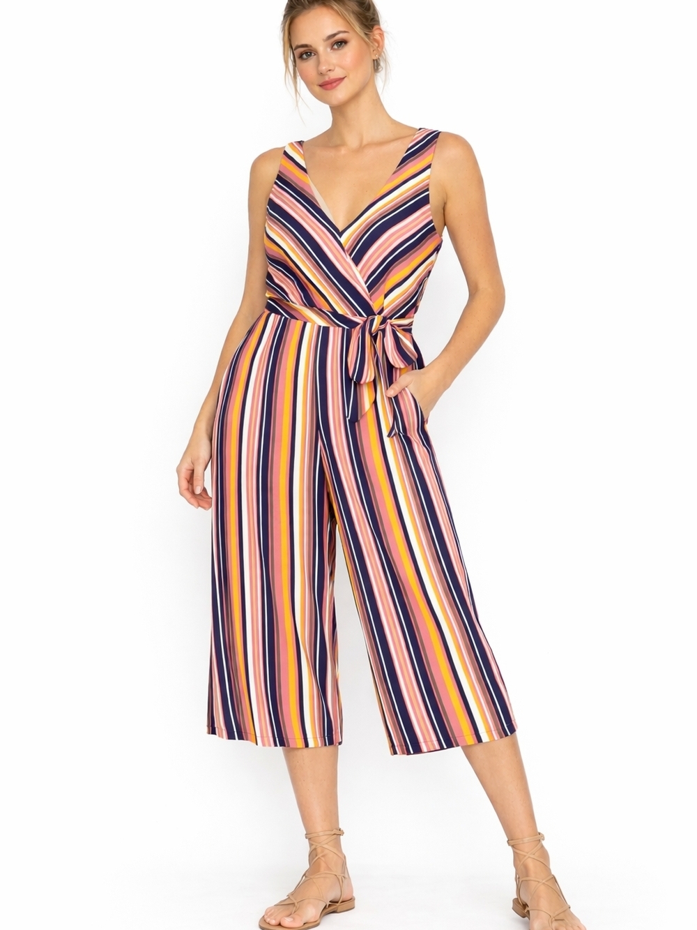 Speechless Striped Jumpsuit Wide Leg Tie Waist Multicolor M